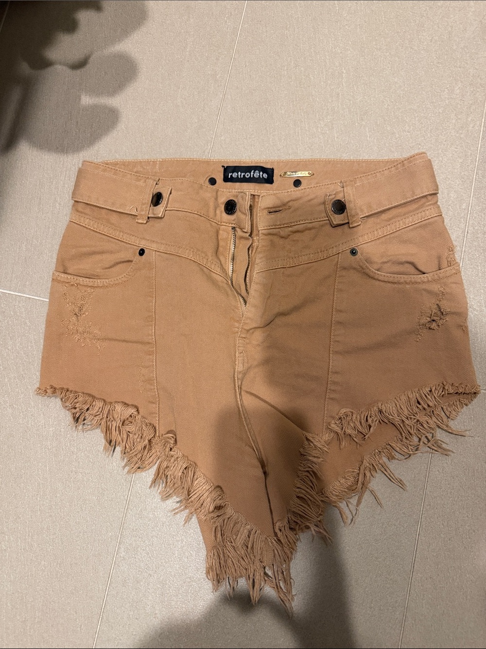 Retrofete Caramel Frayed High-Waist Denim Cutoff Shorts
